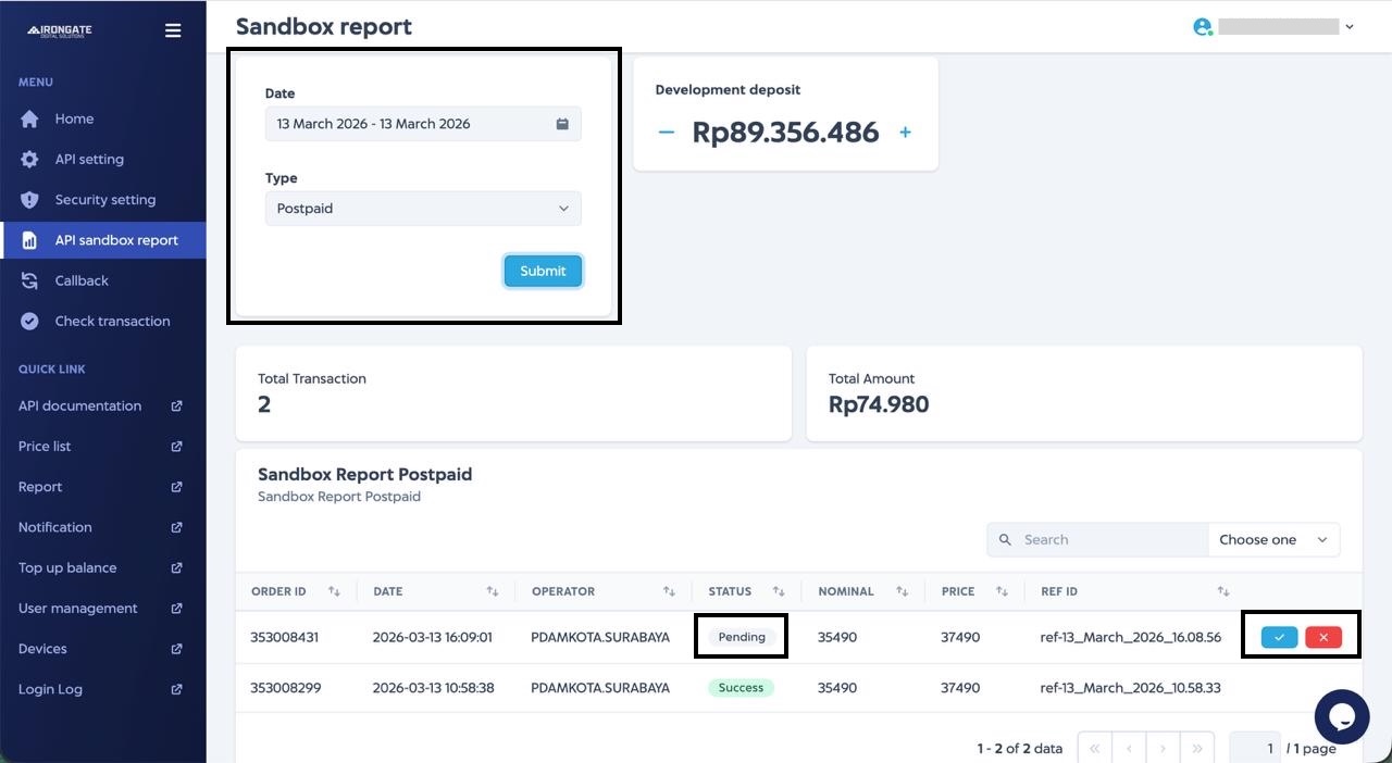 Sandbox Report Postpaid Manual Success
